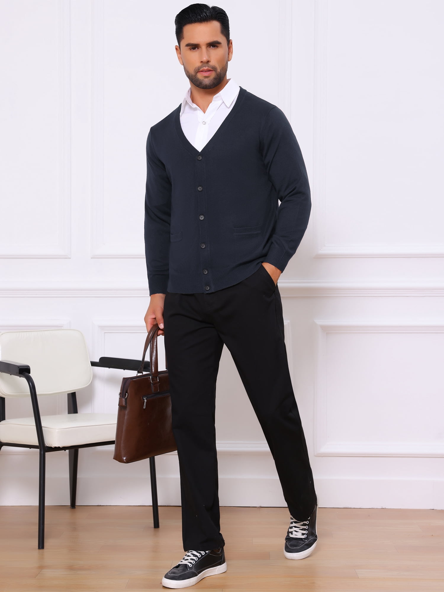 DARING DIVA Men's V Neck Long Sleeved Button Down Knit Sweater with Pockets L Navy Blue