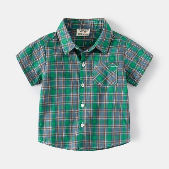 TOOYOU Boys Shirt Kids Toddler Flannel Shirt Jacket Plaid Short Sleeve Lapel Button Down Shacket Baby Shirt Top Outwear Size 18-24 Months Green