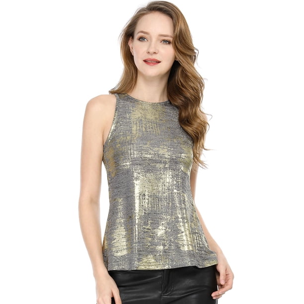 Camiseta Sin Mangas Con Chaleco Brillante Metálico Brillante Sin Mangas Para Fiesta Y Club Para Mujer Color Plata XS