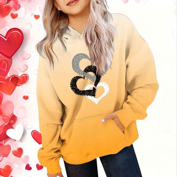 ATOGUTA Girls Hooded Sweatshirt Long Sleeve Heart Printed Hoodies Pullover Tops Kids Casual Clothes Size 4T-14, Khaki