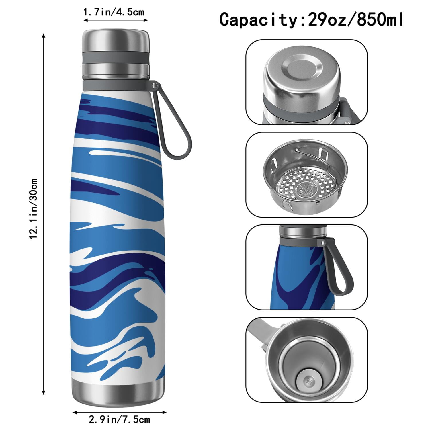 29oz Insulated Water Bottle with Tea Infuser, Stainless Steel Travel Mug, Liquid & Marble Print