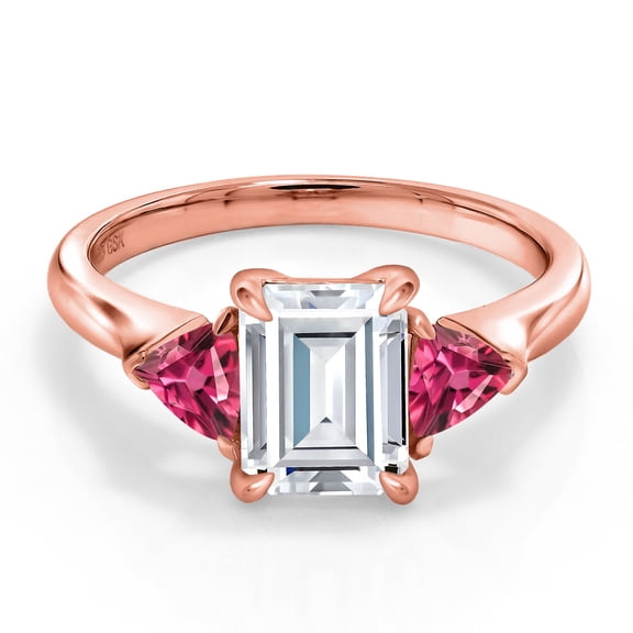 Gem Stone King 18K Rose Gold Plated Silver White Moissanite and Pink Tourmaline 3-Stone Ring for Women (2.07 Cttw, 8X6MM Emerald Cut and 3.5 Trillion, Gemstone Birthstone, Size 7)