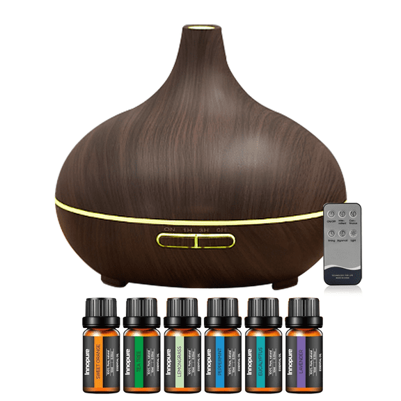 Aromatherapy Diffuser & 6 Essential Oils Set 550ml Diffuser Ultrasonic Diffuser Cool Mist Humidifier with 4 Timers 7 Colors Light Waterless Auto Off for Large Room Office Dark Wood Grai