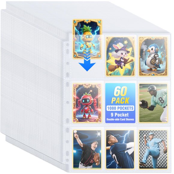 60 Pack 1080 Pockets Binder Card Sleeves Double-Sided 9 Pocket Trading Card Pages for 3 Ring Binder, Clear Plastic Pages Sleeves for Sport Cards, Bus