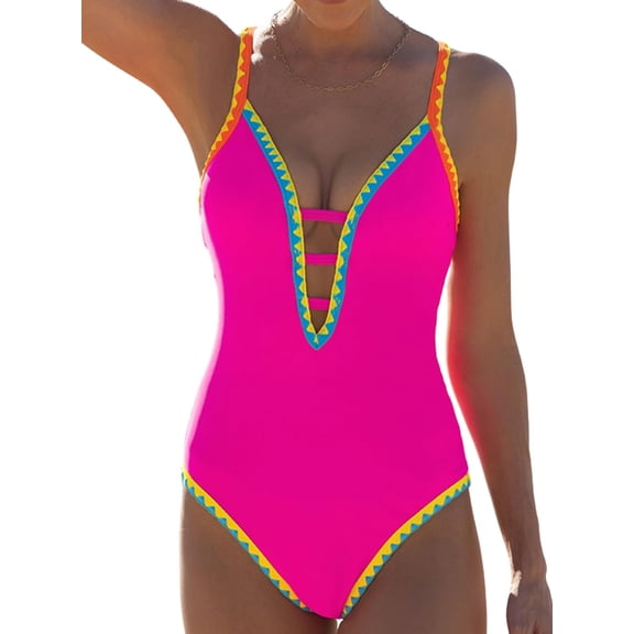 Women One Piece Swimsuit Tummy Control Deep V Neck Neon Cute Bathing Suit Back Tie Swim Suits 2025 Summer
