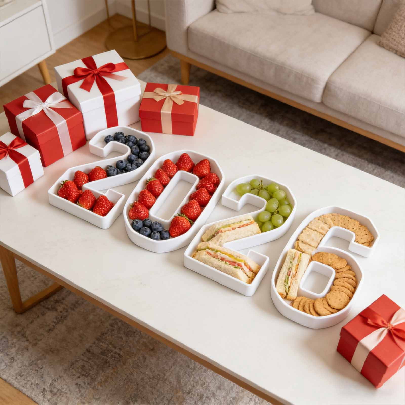 2026 Number Charcuterie Tray Set - 4 Plastic Food Platters for Entertaining, Ideal for Snack & Fruit Display