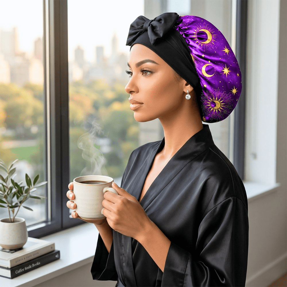 Prince Hair Company Reversible Silk Infused Satin Hair Bonnet, Purple Celestial, Small