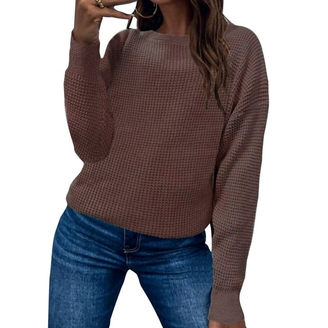 Daeful Jumper Tops Long Sleeve Pullover Solid Color Sweater Ladies Knitwear Basic Plain Knitted Sweaters Coffee S