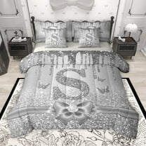 Manfei Letter Monogrammed Initial S Girl 7-Piece Twin Bedding Sets,Kawaii Bow Butterfly Bedding Comforter Set,Bling Crystal Grey Glitter Breathable Sheet Sets,Lightweight Room Decor,Reversible
