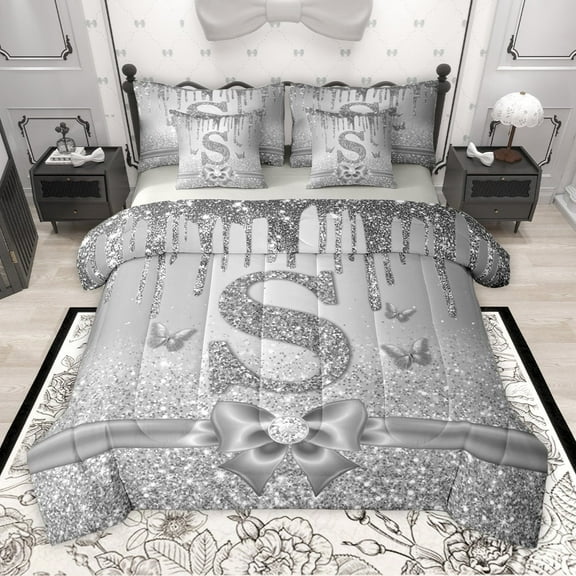 Manfei Letter Monogrammed Initial S Girl 7-Piece Twin Bedding Sets,Kawaii Bow Butterfly Bedding Comforter Set,Bling Crystal Grey Glitter Breathable Sheet Sets,Lightweight Room Decor,Reversible