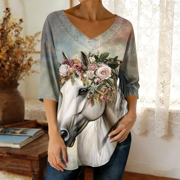 TaTaai Womens 3/4 Sleeve V Neck Printed Tops Casual Loose Fit Pullover Blouses Soft Lightweight Comfy Spring Summer Daily Wear Shirts for Women Gift