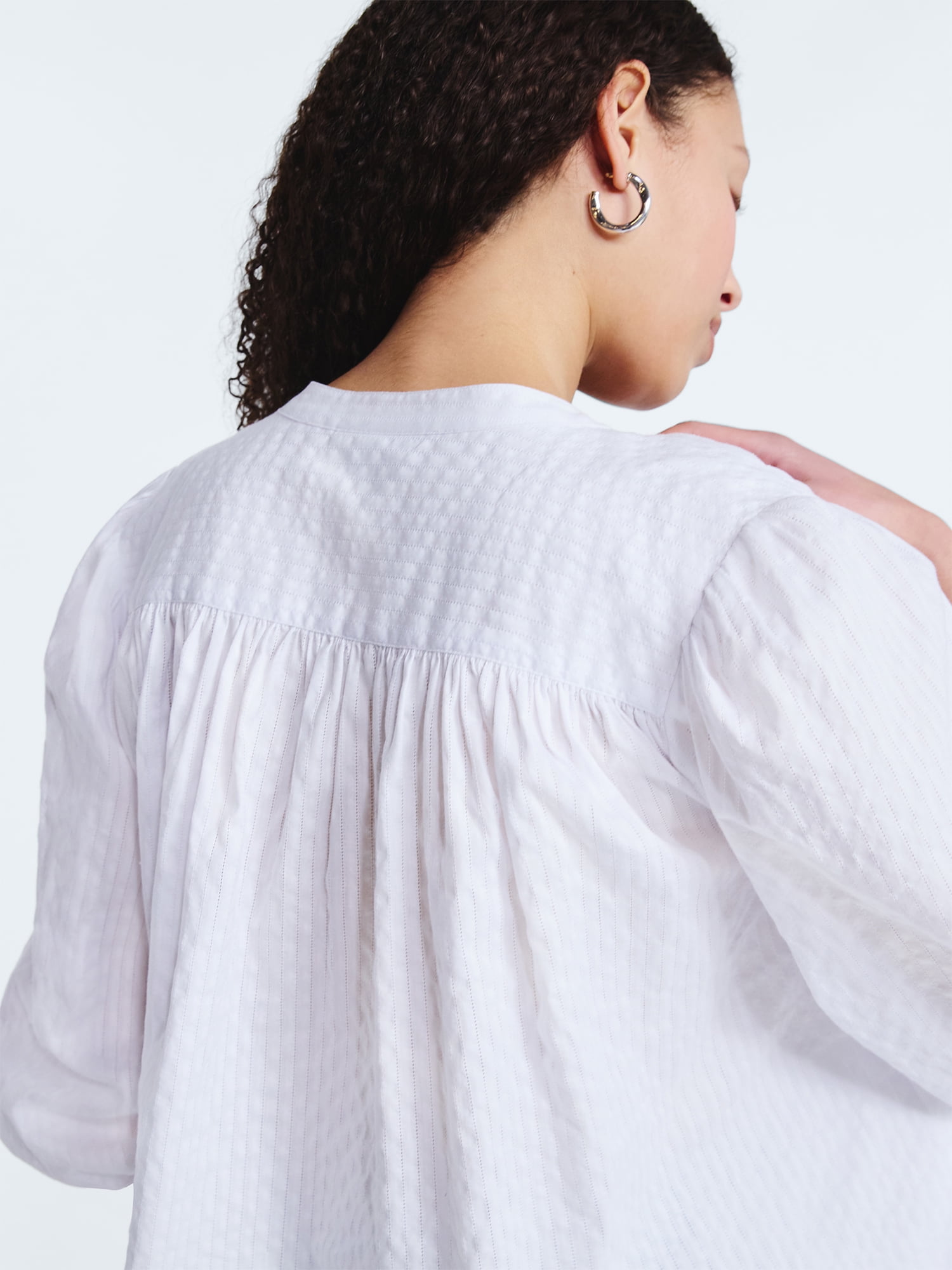 Free Assembly Women's Shirred Cotton Button Down Blouse with Long Sleeves, Sizes XS-XXL
