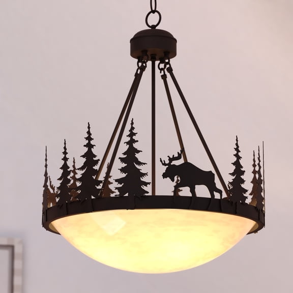 Yellowstone 4-Light 24 in. Wide Burnished Bronze Rustic Moose Bowl Pendant Light with Amber Flake Glass Shade