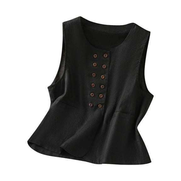 CheerKidz Women's Button-Down Camisole Tank Top Cotton and Linen Sleeveless Round Neck Blouse,Casual Summer Clothes ,Breathable Fashion Basic Soft(Black,2XL)