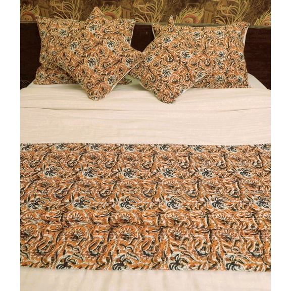Mustard Floral Block Print Indian Kantha Quilt, Handmade Cotton Bedspread, 100% Hand Stitched Blanket, Boho Bedding