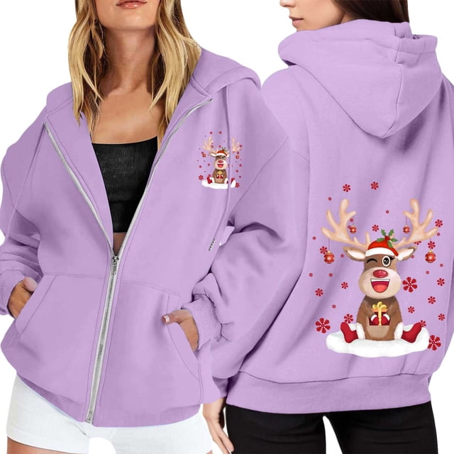 WILLBEST Sudadera de Mujer con Estampado Navideño, Cremallera, Manga Larga, Bolsillo, Cordón Ajustable y Capucha Informal 2201 XX-Grande