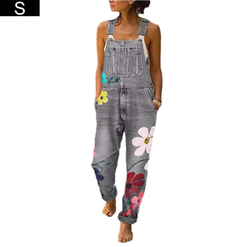 Women Sunflower Print Sleeveless Denim 