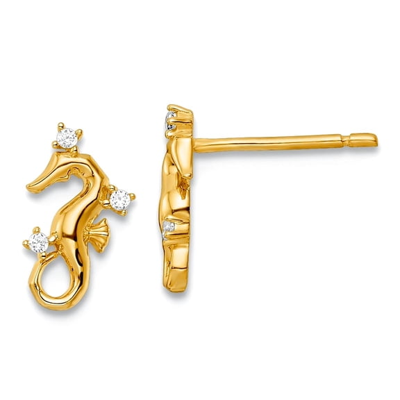 14k Yellow Gold Polished Cubic Zirconia Seahorse Post Earrings 9.45x5.4mm Wide Stud Earring for Women