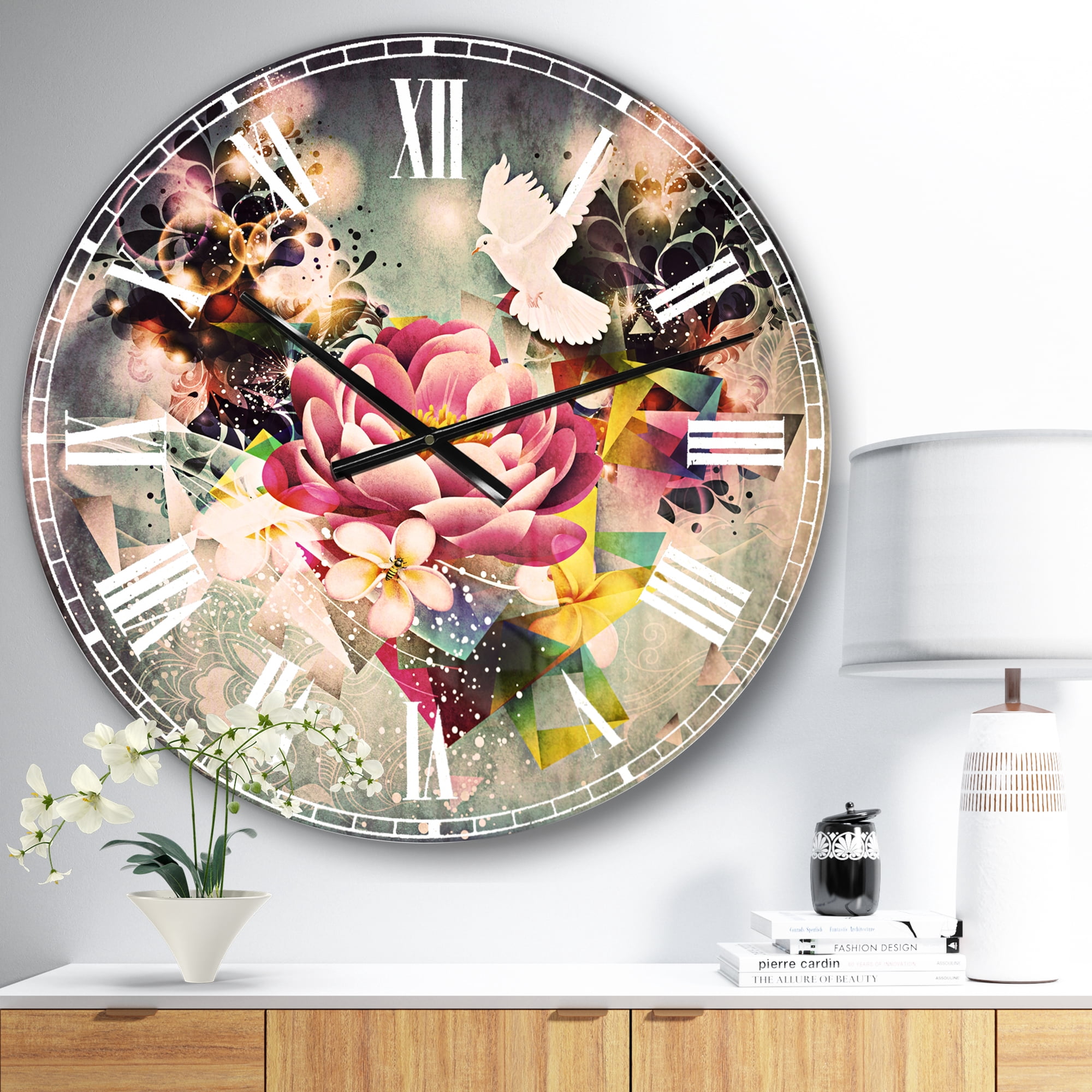 Designart 'Flowers and Dove Abstract Design' Traditional wall clock