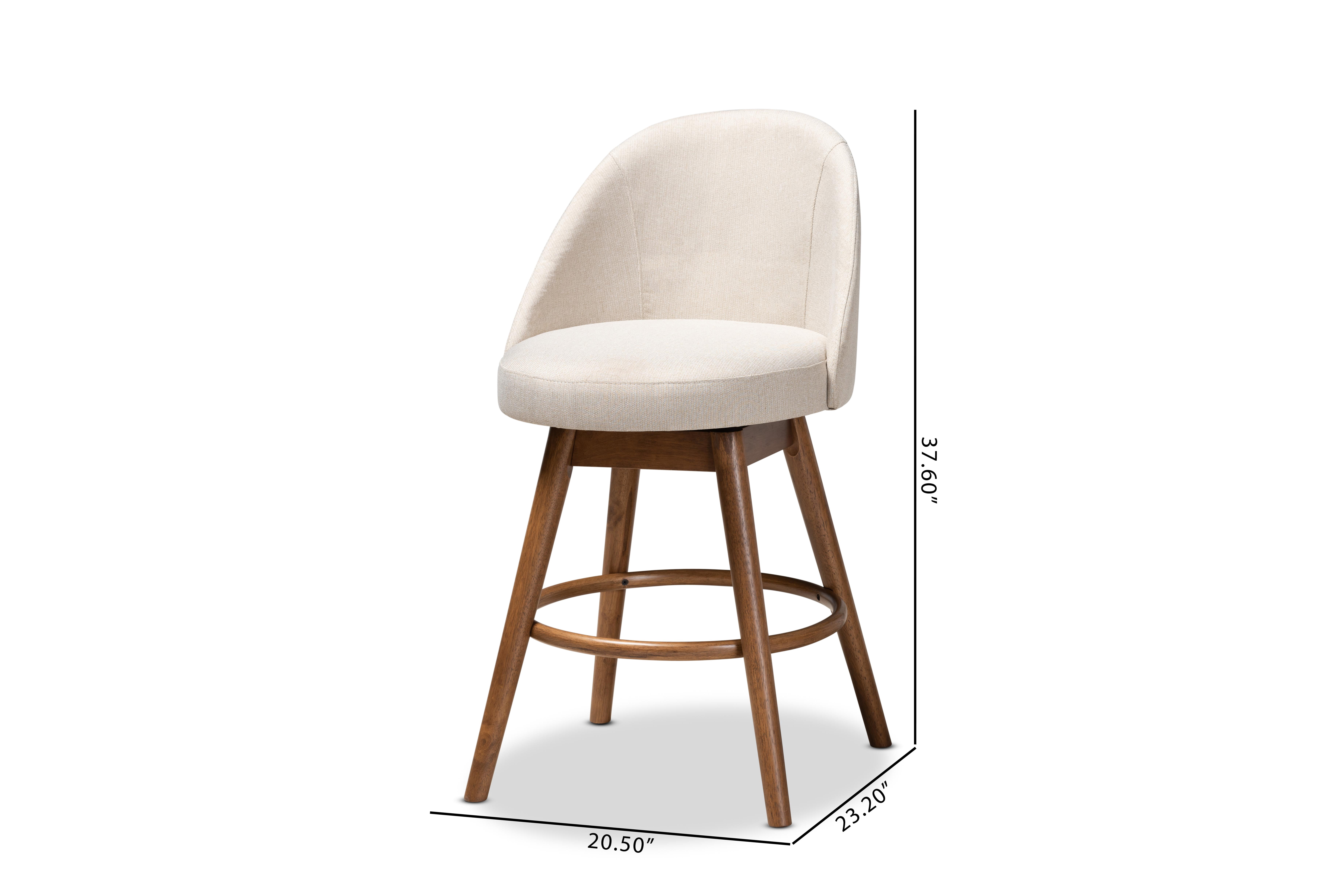 Set of 2 Baxton Studio Carra Mid-Century Modern Light Beige Fabric Upholstered Walnut-Finished Wood Swivel Counter Stool Set