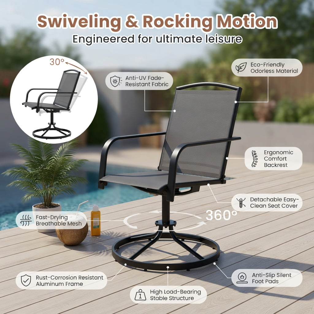 Hommoo 2-Piece Outdoor Swivel Chair Set, High-Back, Breathable Mesh Seat, 360° Rotating & Gentle Rocking, Metal Patio Chairs for Deck, Porch & Garden, Gray