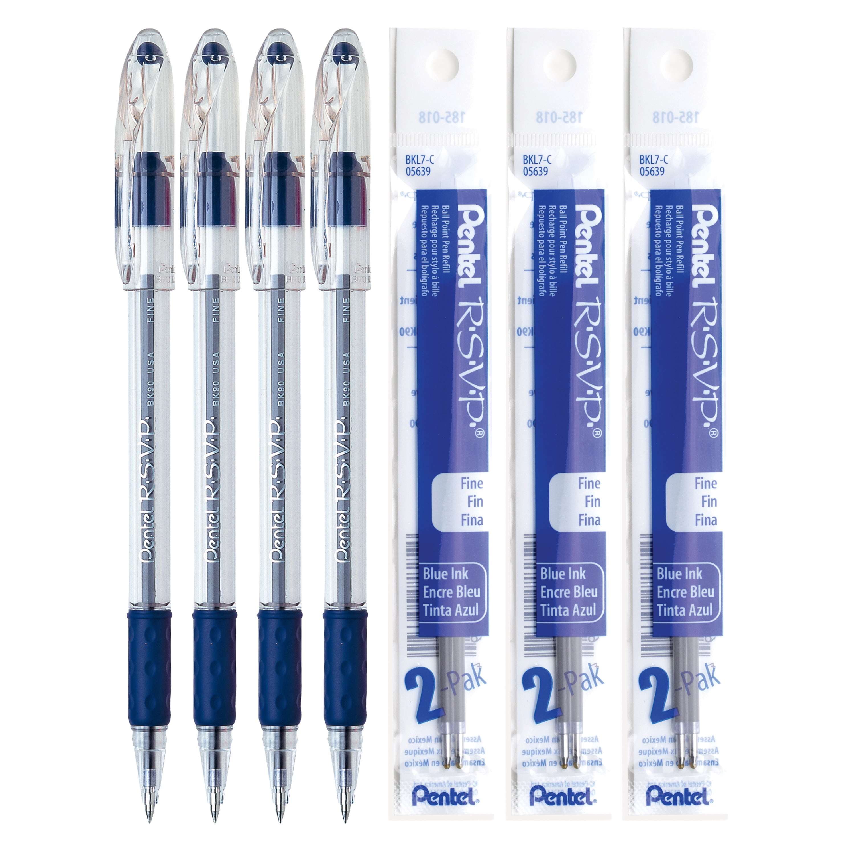 Ensemble R.S.V.P. bleu 0,7 mm, 4 stylos et 3 recharges d’encre