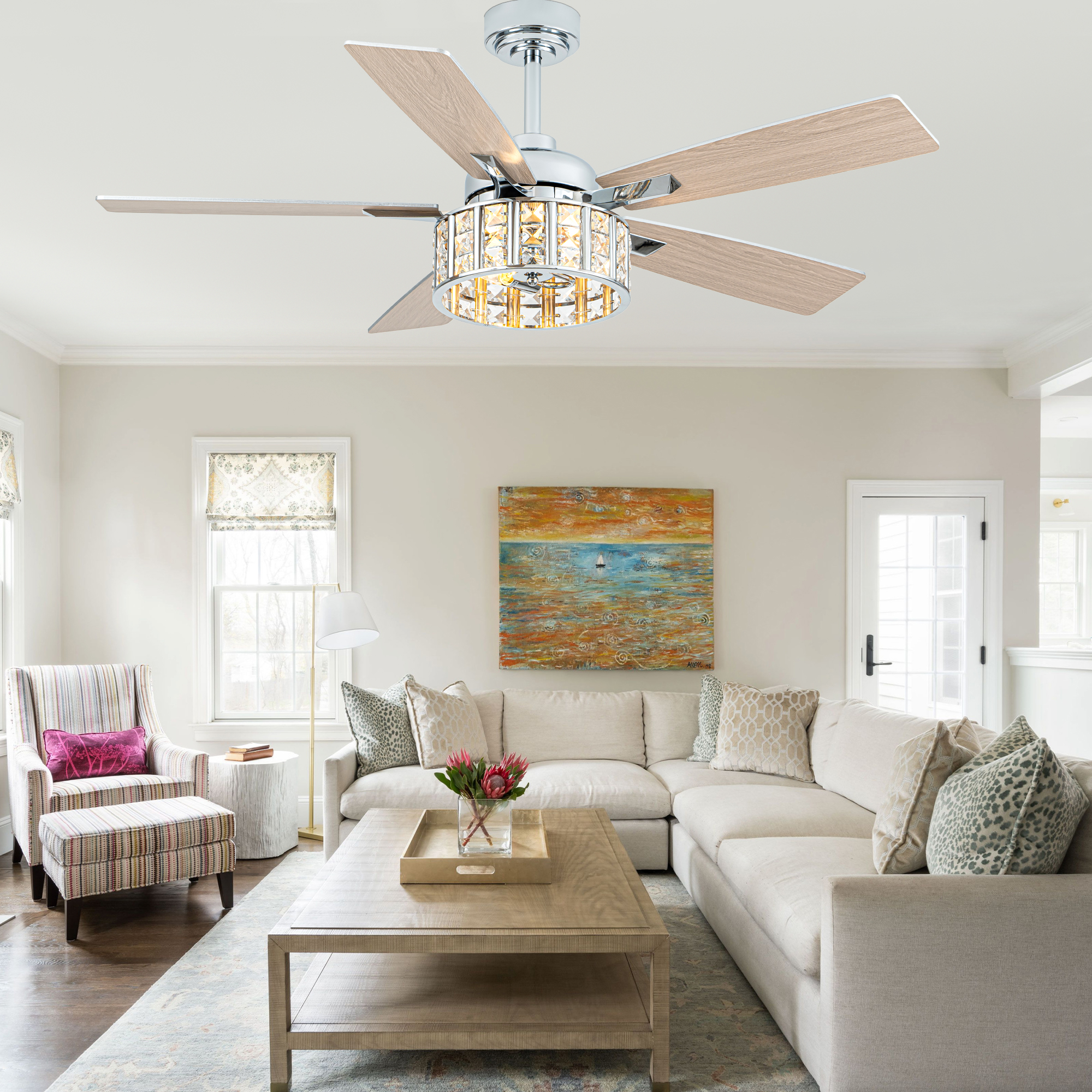 Bella Depot 52" Modern Silver Crystal Ceiling Fan 6-Speed Reversible with Light and Remote Control