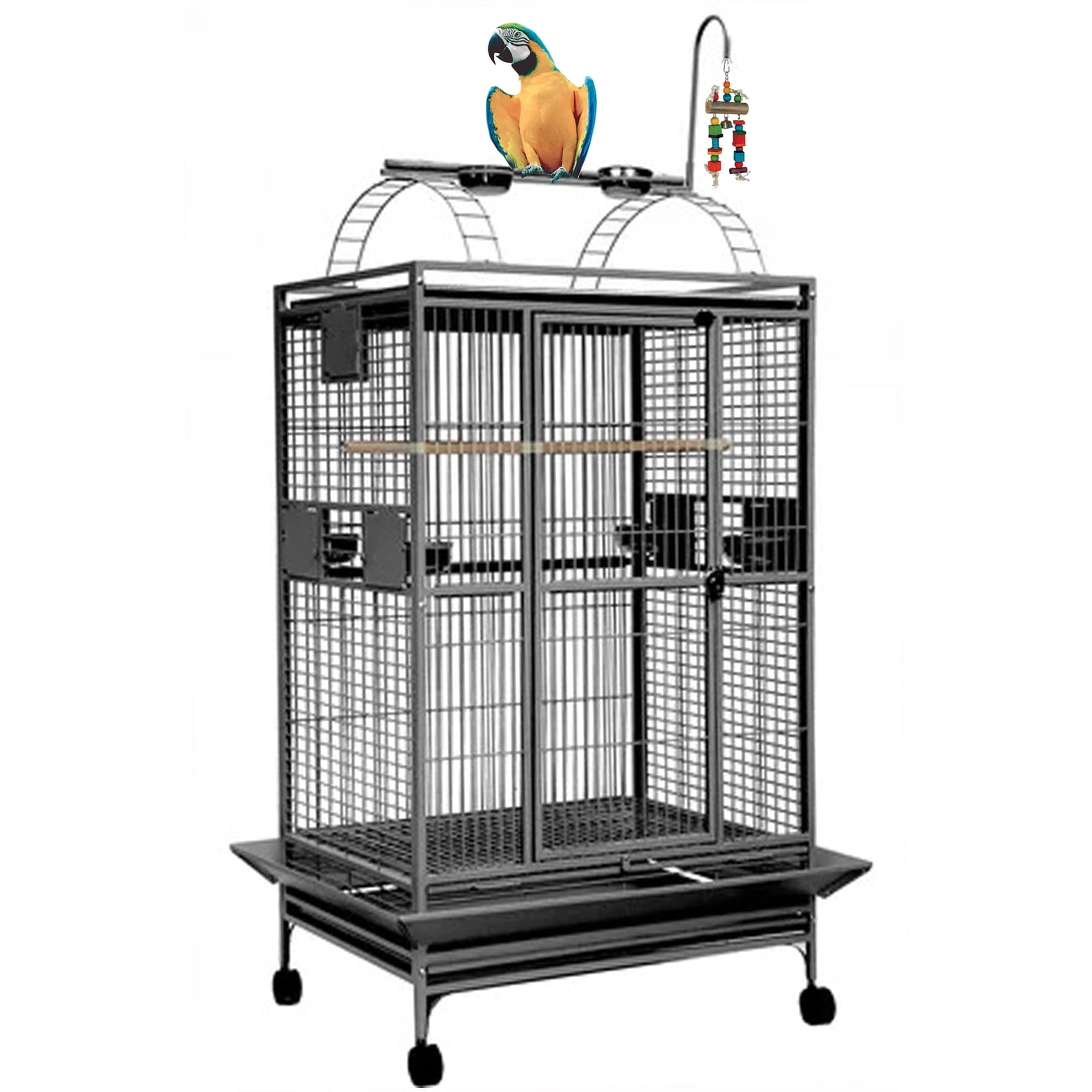 XX-LARGE 32"x23"x66"H Deluxe and Sturdy Wrought Iron Bird Parrot Rolling Cage Double Ladders Open Play Top Perch Stand With Seed Guard