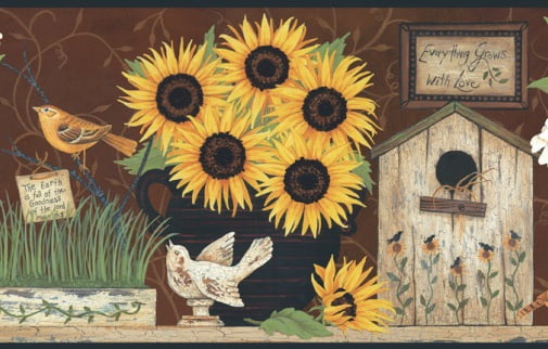Sunflower vintage wallpaper border cutout yellow green kitchen