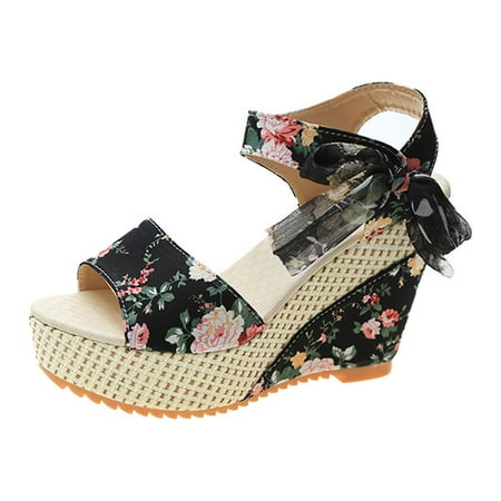 

Rewenti Women s Platform Sandals Wedge Heels Solid Color Fish Mouth Heels Black 6(37)