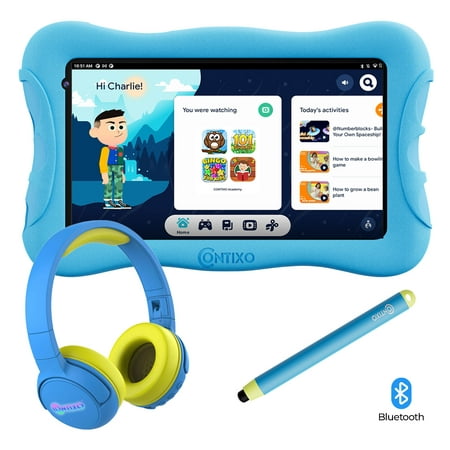 Contixo V10Plus bundle 7 inch Kids Learning Tablet and Bluetooth Kids Wireless Headphone with Pre-loaded Teacher approved apps and parent control -Blue set