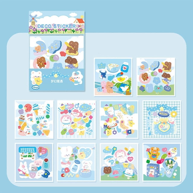 10 Sheet Cute Animal Stickers Holographic Film Self Adhesive Cartoon Animal Stickers for Scrapbooking