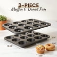 thumbnail image 2 of Kikcoin 3-Piece Muffin Pans & Donut Pan, Nonstick Baking Pan Set, Carbon Steel Bakeware Sets for Cupcakes, Donuts & Homemade Desserts, Oven Safe Up to 446℉, 2 of 9
