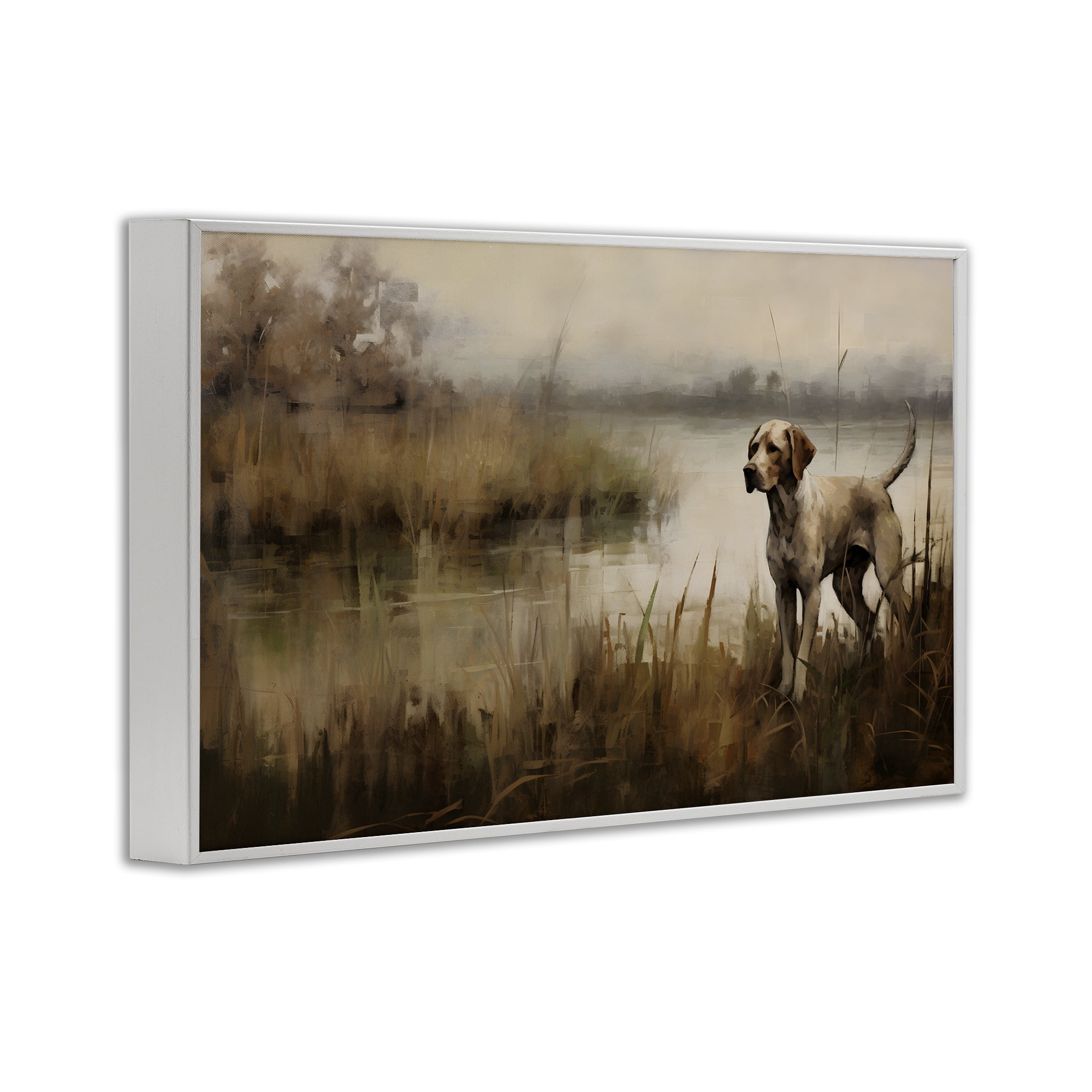 Stupell Industries Hunting Dog in Nature Landscape Painting White Framed Art Print Wall Art, 30 x 20