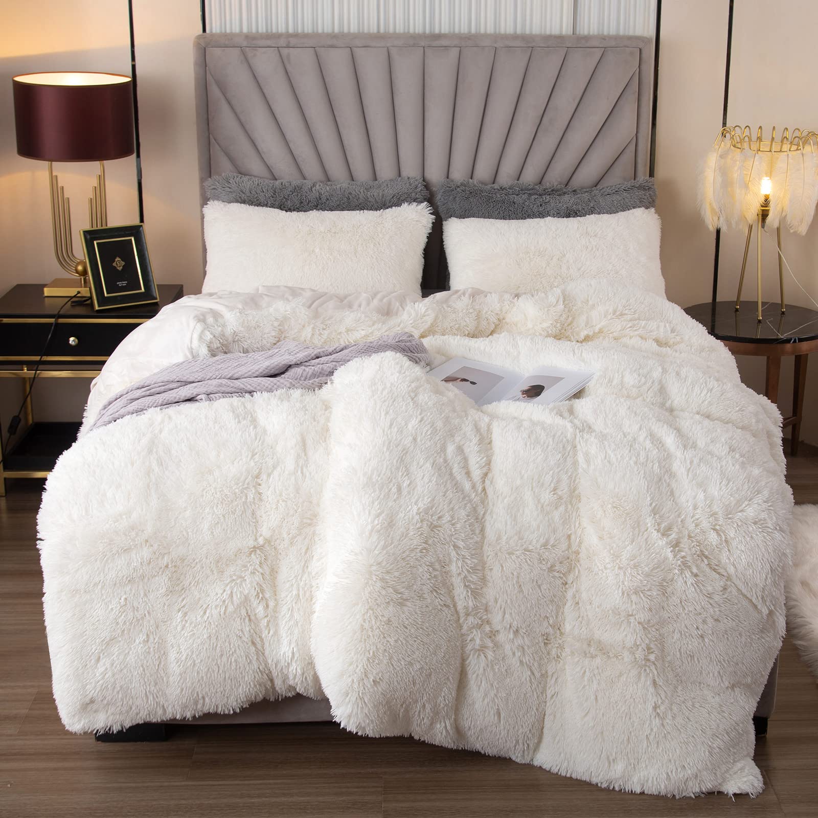 Plush Shaggy Fuzzy Duvet Cover Set White Cow Print Soft Crystal Velvet Twin Bedding Set (1 Faux Fur Duvet Cover + 1 Faux Fur Pillowcases)