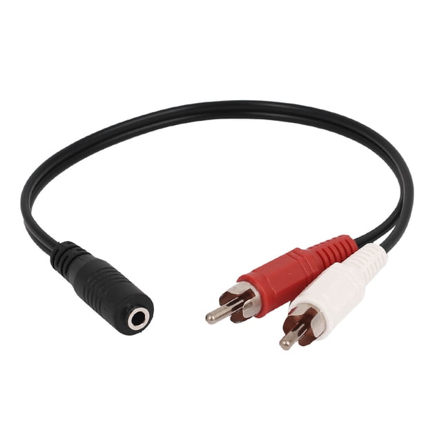 estereo de 3,5 mm hembra a 2 rca macho adaptador cable av audio cable aux adaptador 3.5 mm hembra a dos RCA macho, vista 3/4 con conector hembra negro de 3.5 mm en un extremo y conectores RCA macho rojo y blanco en el otro. Cable negro flexible para conectar teléfonos, computadoras o radios de auto a receptores o amplificadores; compatible con entradas RCA.