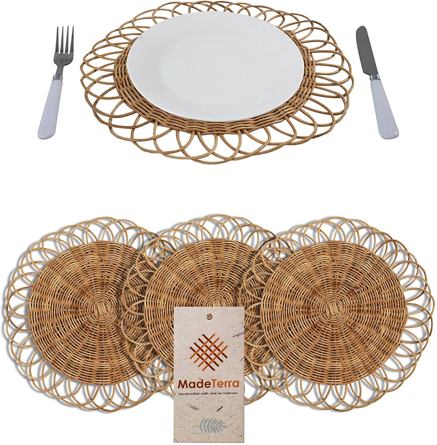 13" Round Rattan Placemat Set of 4 Non Slip Wicker Cream Dining Table