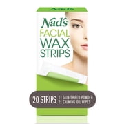 Nads Facial Wax Strips 20 Pack for Womens Facial Hair Removal with Calming Oil Wipes and Skin Protection Powder