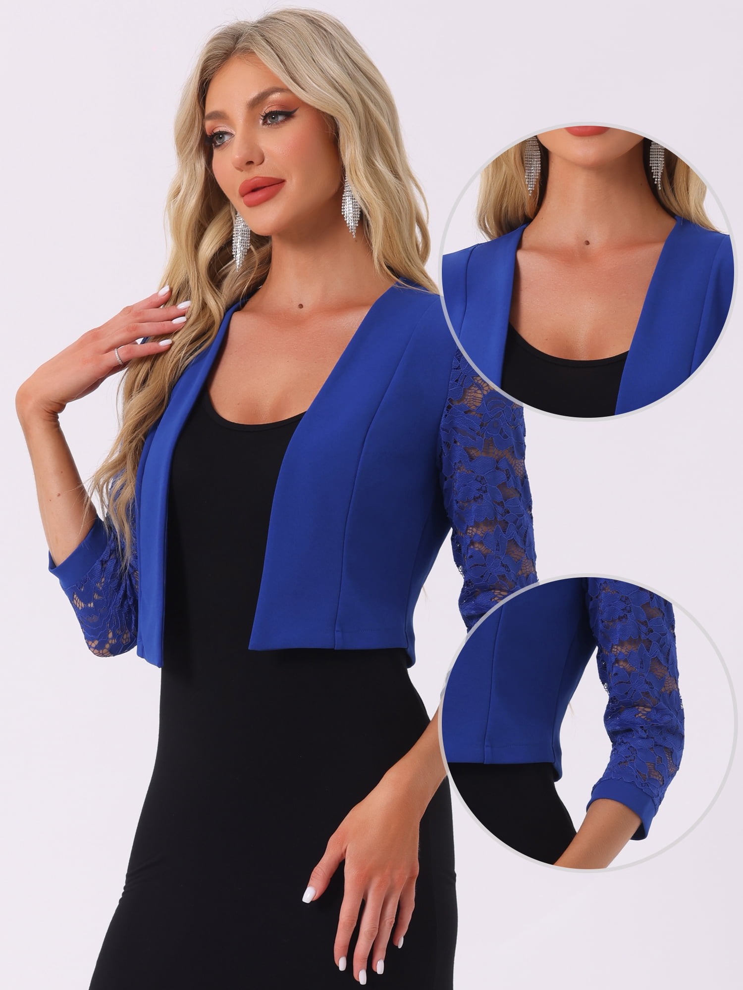 DARING DIVA Women's Lace Panel Crop Bolero Shrug Dress for Work Office L Royal Blue