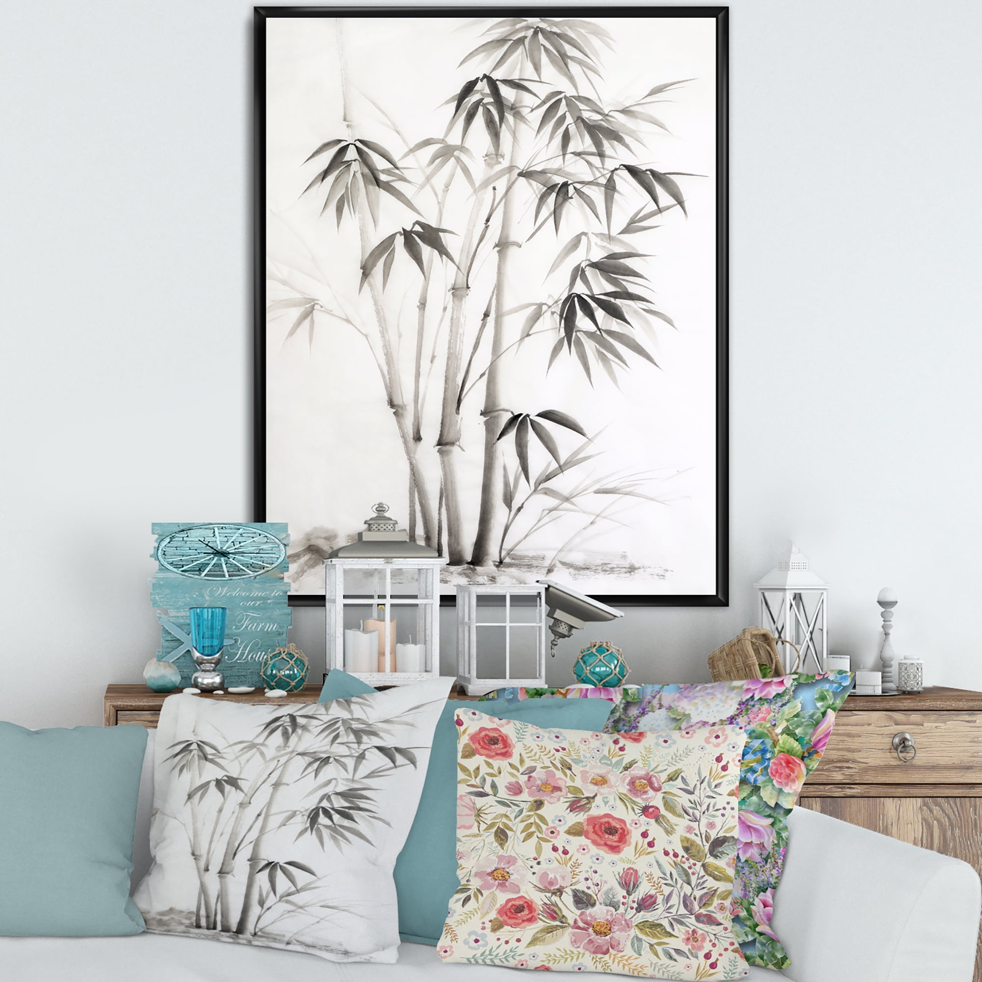 Designart 'Vintage Black and White Bamboo II' Traditional Framed Canvas Wall Art Print