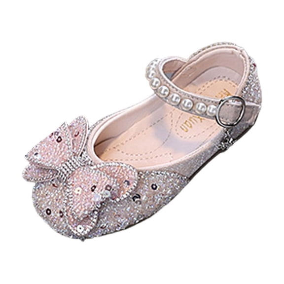ZACPNCV Girls Mary Jane Flats Glitter Pearl Bow Comfort Dress Shoes For Dance Performance