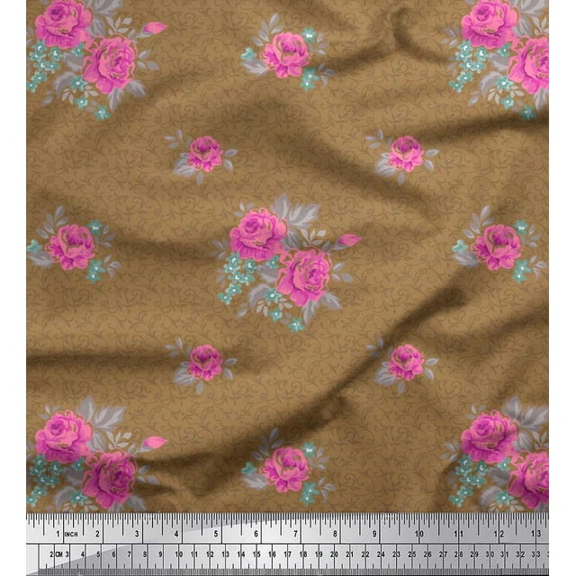 Soimoi Tissu Satin Modal Tourbillon, Feuilles & Roses Imprimé Floral au Mètre 42 Pouces de Large