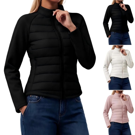 Tqcoqu Women's Stand Collar Puffer Jacket Full Zip Fleece Raglan Long Sleeve Slim Fit Lightweight Windproof Warm Outerwear Coat For Fall Winter,Black Women's XS-L