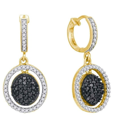 10kt Yellow Gold Womens Round Black Colored Diamond Oval Frame Dangle Earrings 3/4 Cttw = .75 Cttw (I3 Clarity, round
