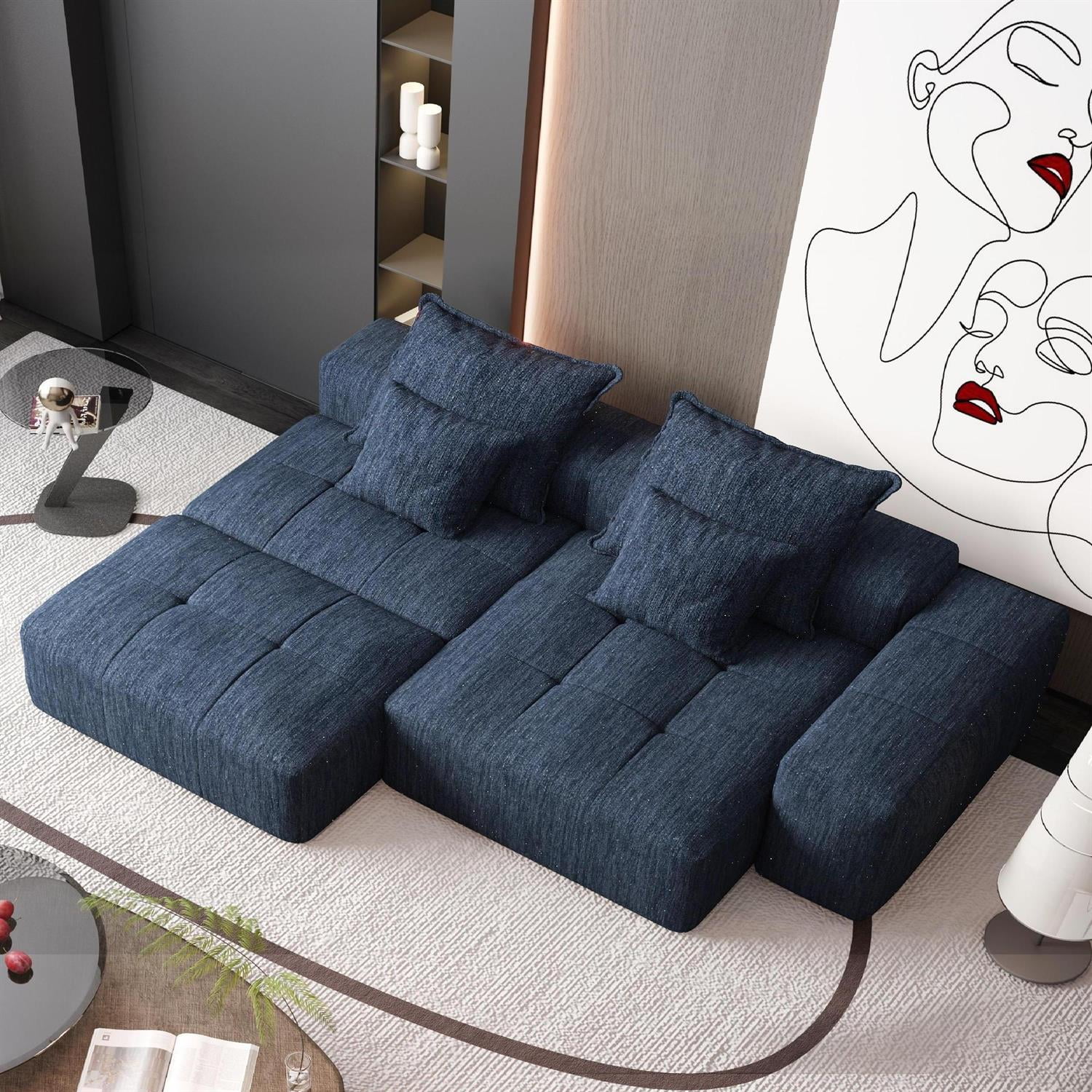 Demi Bonn 127" Modern Oversized Modular Sectional Sofa Set with 4 Pillows, Ottoman, Soft Chenille Fabric DIY Tufted Couch for Living Room, No Assembly Needed, Blue