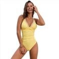 thumbnail image 1 of Traje de Baño de una Pieza para Mujer, Escote en V Profundo, Control de Abdomen, Tirantes Dobles Cruzados. Amarillo M, 1 of 10