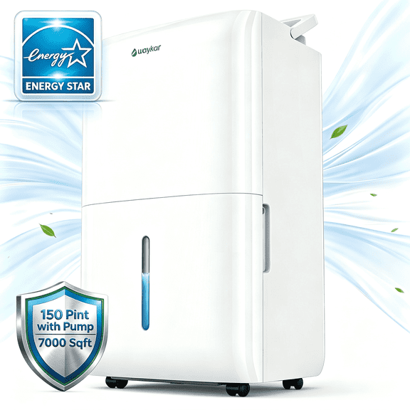 Waykar 7000 Sq. Ft. 150 Pint Dehumidifier with Pump for Basement & Home, No Daily Tank Emptying, Whole House Dehumidifier with Continuous Drain for Large Room, Auto Defrost, 50 Pint DOE Energy Star