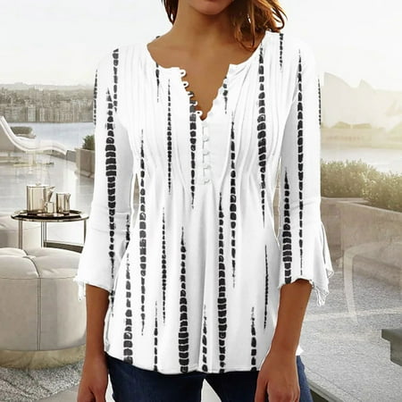 

DroolingDog Floral Corset Tops for Women Fashion Sexy Fold Printed Regular Women 3/159 Sleeves V Neck Button Tops Blouse Cute Going Out Tops for Women