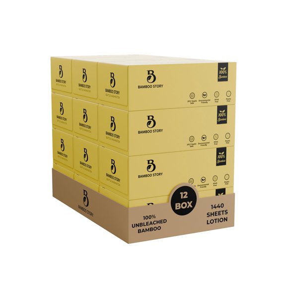Bamboo Story Bamboo Mouchoirs pour le Visage, Lotion Douce, 3 Épaisseurs Non Blanchis et Sans Produits Chimiques 120 Feuilles/boîte, Hypoallergéniques pour Peau Sensible, Certifiés FSC, Sans Plastique, PFA