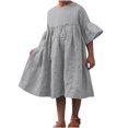 thumbnail image 1 of Tranfacy Robe d'Été pour Filles, Robe à Manches Courtes pour Filles, Robe Unie pour Enfants de Taille Moyenne à Grande, Robe Décontractée Plissée en Lin à Col Rond et Manches Mi-Longues, 1 of 4